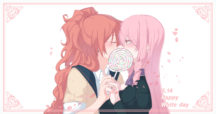 2girls aaaaddddd absurdres akuma_no_riddle black_dress blush brown_shirt candy closed_eyes commentary dress drill_hair earrings english_text falling_petals food from_side highres holding holding_candy holding_food holding_hands inukai_isuke jewelry kiss lollipop long_hair looking_at_another multiple_girls orange_eyes petals pink_hair ponytail purple_scarf redhead ring sagae_haruki scarf shirt short_sleeves simple_background stud_earrings swirl_lollipop upper_body wedding_ring white_background white_day wife_and_wife yuri