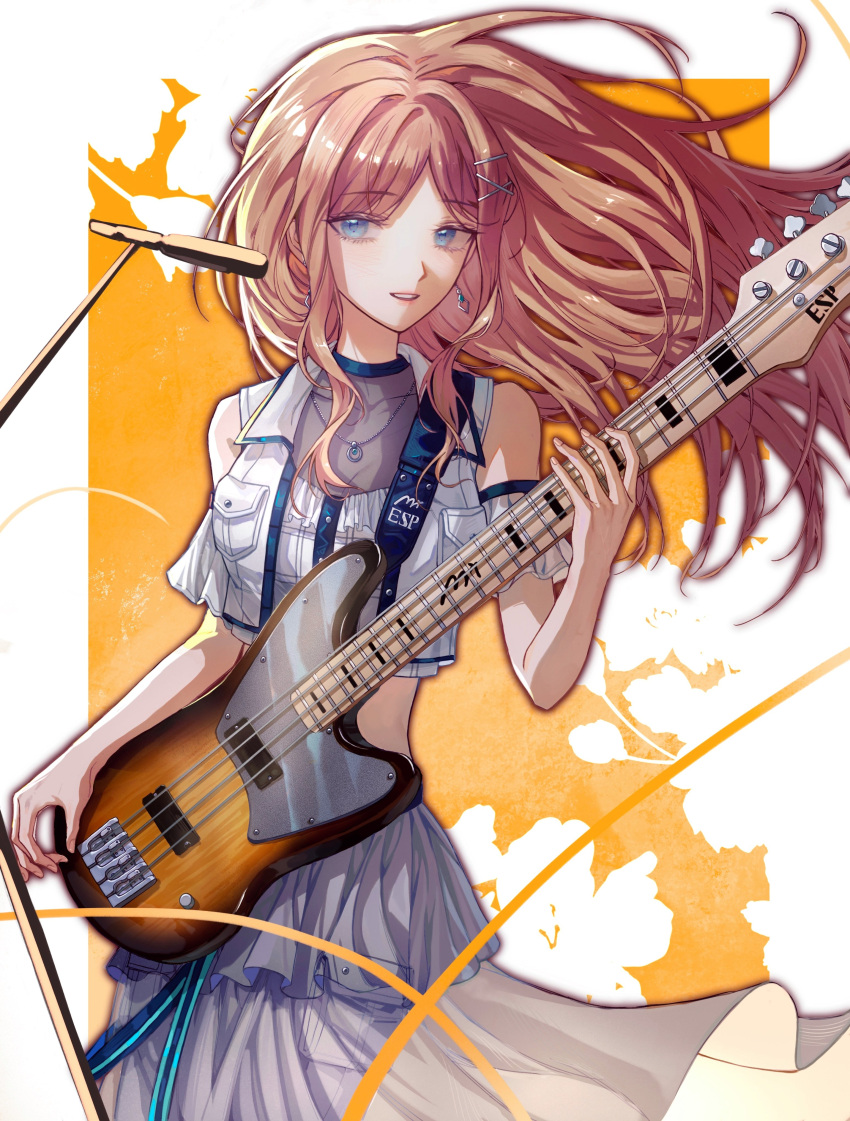 1girl absurdres bang_dream! bang_dream!_it's_mygo!!!!! bass_guitar blue_eyes brown_hair chinese_commentary clothing_cutout commentary_request cowboy_shot earrings floating_hair flower grey_skirt guitar hair_ornament hairclip highres holding holding_guitar holding_instrument instrument jewelry long_hair looking_at_viewer microphone nagasaki_soyo necklace orange_background parted_lips playing_guitar shirt shoulder_cutout skirt solo tianzhongdouyi1 white_background white_shirt