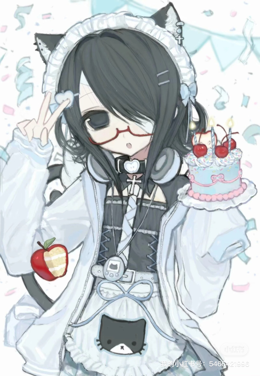 1girl animal_ears apple apron black_eyes black_hair cake cat_ears confetti decorations food fruit glasses hair_over_one_eye headphones headphones_around_neck highres jacket looking_at_viewer maid_headdress medium_hair open_clothes open_jacket open_mouth original ppj705904378810 smile solo strawberry upper_body v