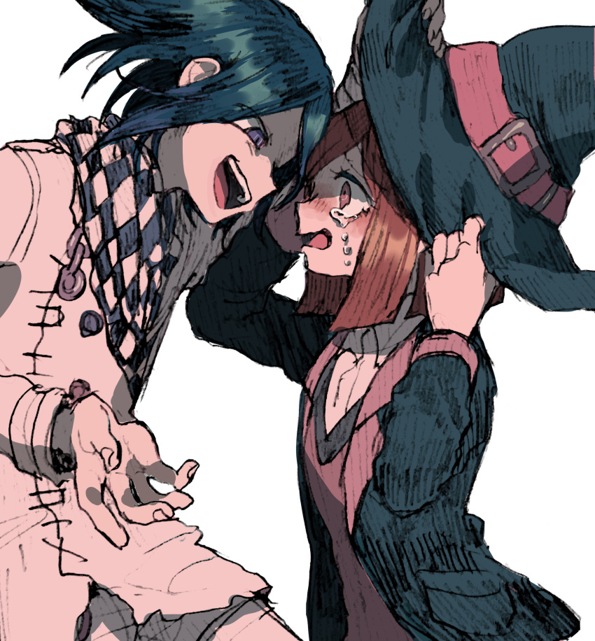 1boy 1girl absurdres arm_belt belt belt_buckle black_hair black_hat black_jacket black_scarf black_sleeves blazer blunt_ends blush buckle buttons chain checkered_clothes checkered_scarf coattails collar collared_jacket collared_shirt commentary_request cowboy_shot crying crying_with_eyes_open danganronpa_(series) danganronpa_v3:_killing_harmony denim double-breasted eye_contact eyelashes face-to-face fingernails furrowed_brow hand_on_another's_headwear hand_on_headwear hat hat_belt highres jacket jeans layered_sleeves long_sleeves looking_at_another multicolored_buttons multiple_belts oma_kokichi open_mouth outstretched_hand pants pink_belt pink_collar pink_vest pocket red_eyes redhead sarami_(sa_rami30) scarf shirt short_hair simple_background smile teardrop tears teeth thigh_belt thigh_strap torn_clothes torn_jeans torn_pants two-tone_scarf upper_teeth_only v-neck vest violet_eyes white_background white_belt white_jacket white_pants white_scarf white_shirt white_sleeves wide-eyed witch_hat yumeno_himiko