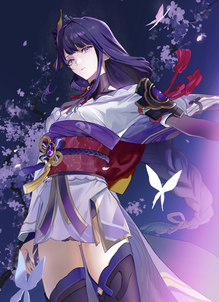 1girl absurdres arm_up blunt_bangs braid bug butterfly closed_mouth genshin_impact glowing hair_ornament haruno_taku highres japanese_clothes long_hair looking_at_viewer mitsudomoe_(shape) mole mole_under_eye outdoors purple_background purple_hair raiden_shogun single_braid solo standing tomoe_(symbol) tree violet_eyes white_butterfly
