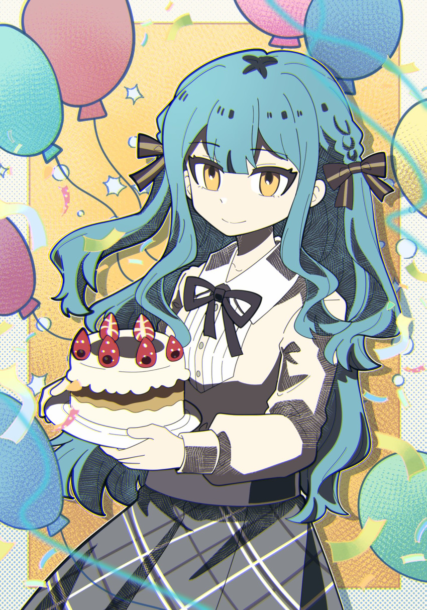 1girl artist_request balloon bang_dream! bang_dream!_it's_mygo!!!!! birthday_cake black_ribbon blue_hair cake chinese_commentary closed_mouth commentary_request commission confetti cowboy_shot food grey_skirt hair_ribbon highres holding holding_cake holding_food long_sleeves looking_at_viewer neck_ribbon plaid plaid_skirt ribbon second-party_source shirt skirt smile solo togawa_sakiko two_side_up yellow_eyes yellow_shirt