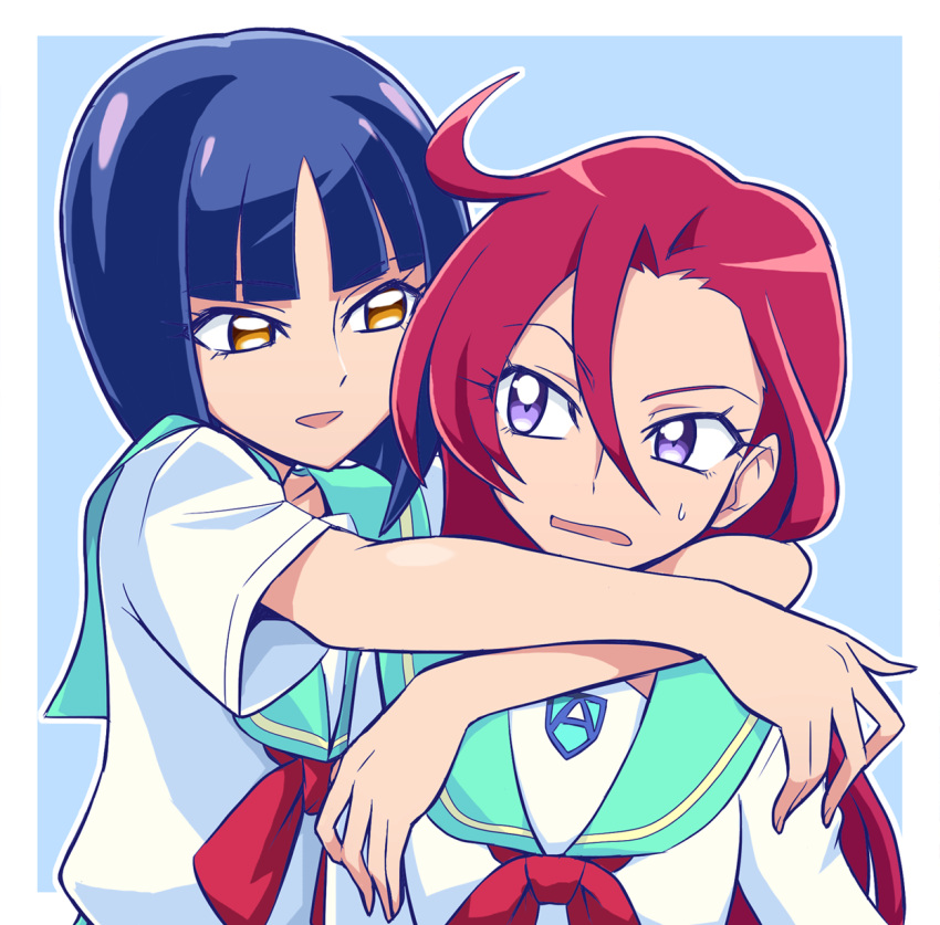 aozora_middle_school_uniform aqua_sailor_collar arms_around_neck blue_hair bob_cut commentary_request frown hair_between_eyes half-closed_eyes highres long_hair looking_at_another looking_back neckerchief open_mouth outline partial_commentary precure red_neckerchief redhead sailor_collar school_uniform serafuku shiratori_yuriko shirt short_hair short_sleeves smile sweatdrop takizawa_asuka tropical-rouge!_precure usoco violet_eyes white_outline white_shirt yellow_eyes