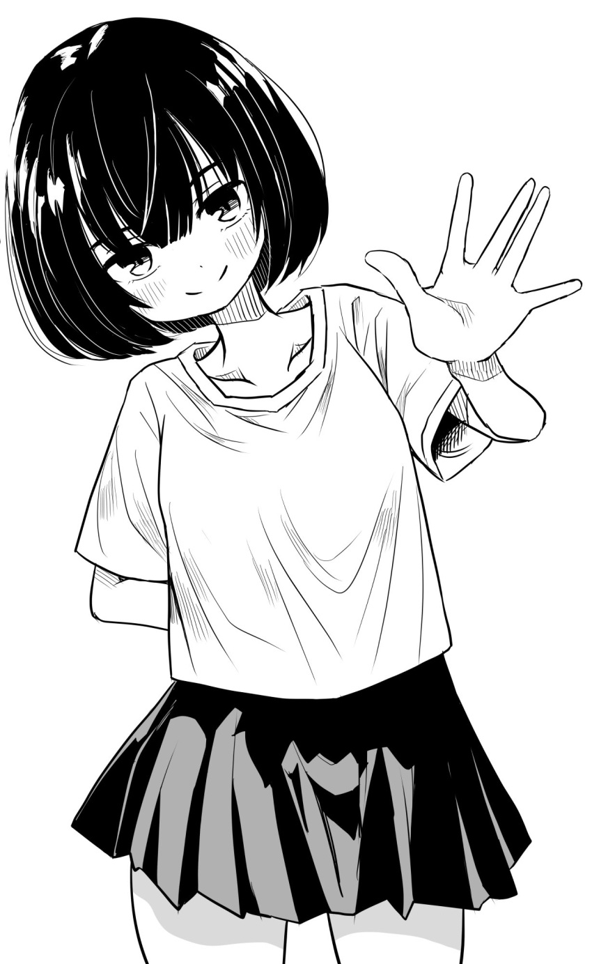 1girl \||/ closed_mouth collarbone cowboy_shot greyscale hand_up hatching_(texture) head_tilt highres legs_apart linear_hatching looking_at_viewer miniskirt monochrome open_hand original pleated_skirt shirt short_hair short_sleeves sidelocks skirt smile smison solo t-shirt