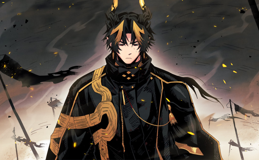 1boy arknights armor black_coat black_hair blonde_hair chong_yue_(arknights) closed_mouth coat commentary_request dragon_boy dragon_horns earrings embers flag floating_hair high_collar highres horns jewelry korean_commentary long_hair long_sleeves low_ponytail male_focus nills pauldrons pointy_ears red_eyes rerebrace shoulder_armor single_sleeve solo upper_body