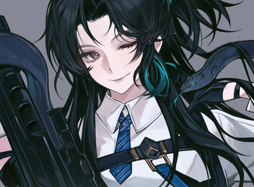 1girl ash_echoes black_gloves black_hair black_snake blue_necktie brown_eyes character_request chest_harness chinese_commentary collared_shirt commentary curtained_hair diagonal-striped_clothes diagonal-striped_necktie forehead gloves grey_background gun hair_ornament hairclip half_gloves half_updo harness highres kakukaku666 multicolored_hair necktie one_eye_closed parted_bangs ponytail rifle scope shirt short_necktie simple_background smile snake solo streaked_hair striped_clothes upper_body weapon