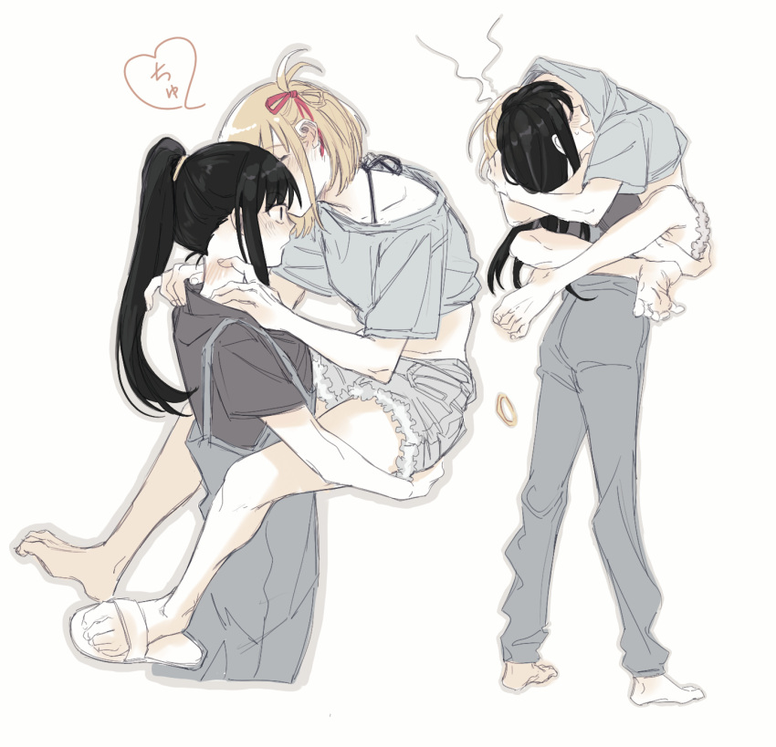 2girls bare_legs barefoot black_hair blonde_hair blush carrying carrying_person commentary_request denim denim_shorts grey_overalls grey_shirt grey_shorts hair_ribbon hand_on_another's_neck hand_on_another's_shoulder head_steam heart highres hug inoue_takina kiss kissing_cheek koyomania long_hair lycoris_recoil medium_hair multiple_girls nishikigi_chisato one_side_up open_mouth overalls ponytail red_ribbon ribbon sandals shirt short_sleeves shorts simple_background smile sweatdrop white_background yuri
