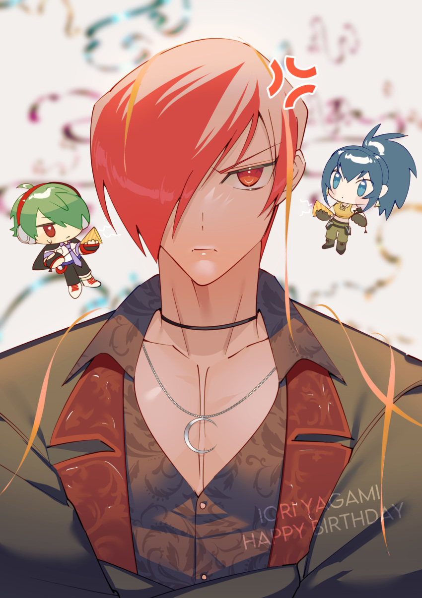 1girl 2boys angry blue_eyes blue_hair character_name chibi choker earphones frown green_hair hair_over_one_eye happy_birthday highres jacket leona_heidern multiple_boys necktie otoseto party_popper pectoral_cleavage pectorals ponytail red_eyes redhead shun'ei the_king_of_fighters the_king_of_fighters_xv yagami_iori