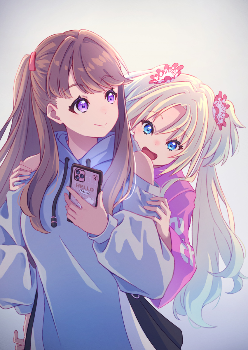 2girls behind_another blonde_hair blue_eyes blue_hair brown_hair casual cellphone closed_mouth clothing_cutout commentary_request flower fujishima_megumi gradient_hair hair_flower hair_ornament hand_on_another's_arm hand_on_another's_shoulder hand_on_own_hip highres hood hoodie link!_like!_love_live! long_hair long_sleeves looking_at_another looking_at_phone love_live! macken mira-cra_park! multicolored_hair multiple_girls open_mouth osawa_rurino parted_bangs phone pink_shirt shirt shoulder_cutout sidelocks smartphone twintails two-tone_hair two_side_up upper_body violet_eyes virtual_youtuber white_flower white_hoodie