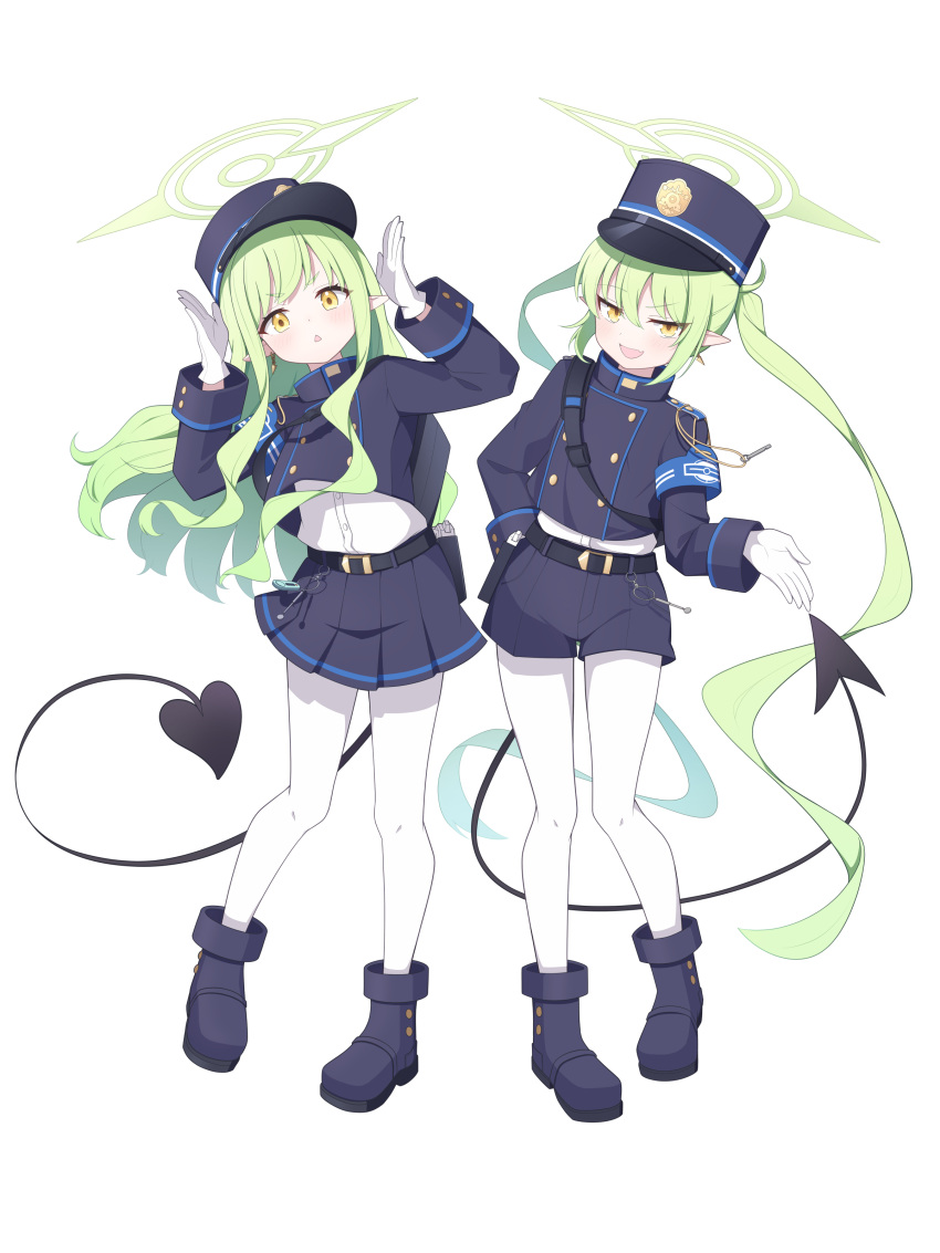 2girls :d absurdres arm_behind_back bag blue_archive blue_jacket blue_shorts blue_skirt boots buttons cropped_jacket curly_hair demon_girl demon_tail double-breasted earrings fang full_body gloves green_hair green_halo hair_between_eyes half-closed_eyes halo hand_up hands_up hat highres hikari_(blue_archive) jacket jewelry leaning_to_the_side long_hair looking_at_viewer miniskirt multiple_girls nozomi_(blue_archive) open_mouth pantyhose pleated_skirt seek_arrow shirt short_shorts shorts shoulder_bag siblings single_earring sisters skirt smile smug tail twins twintails very_long_hair white_gloves white_shirt yellow_eyes