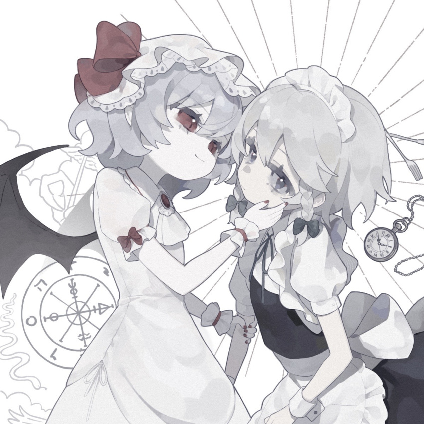 2girls apron arm_grab ascot bat_wings black_skirt black_vest bow braid brooch closed_mouth commentary cowboy_shot dress fork green_ribbon grey_eyes grey_hair hand_on_another's_cheek hand_on_another's_face hat hat_ribbon highres izayoi_sakuya jewelry looking_at_another looking_at_viewer maid_apron maid_headdress mob_cap multiple_girls pocket_watch puffy_short_sleeves puffy_sleeves rcs_4 red_bow red_eyes red_nails red_ribbon remilia_scarlet ribbon short_hair short_sleeves skirt smile touhou twin_braids vest watch white_ascot white_dress wings wrist_cuffs
