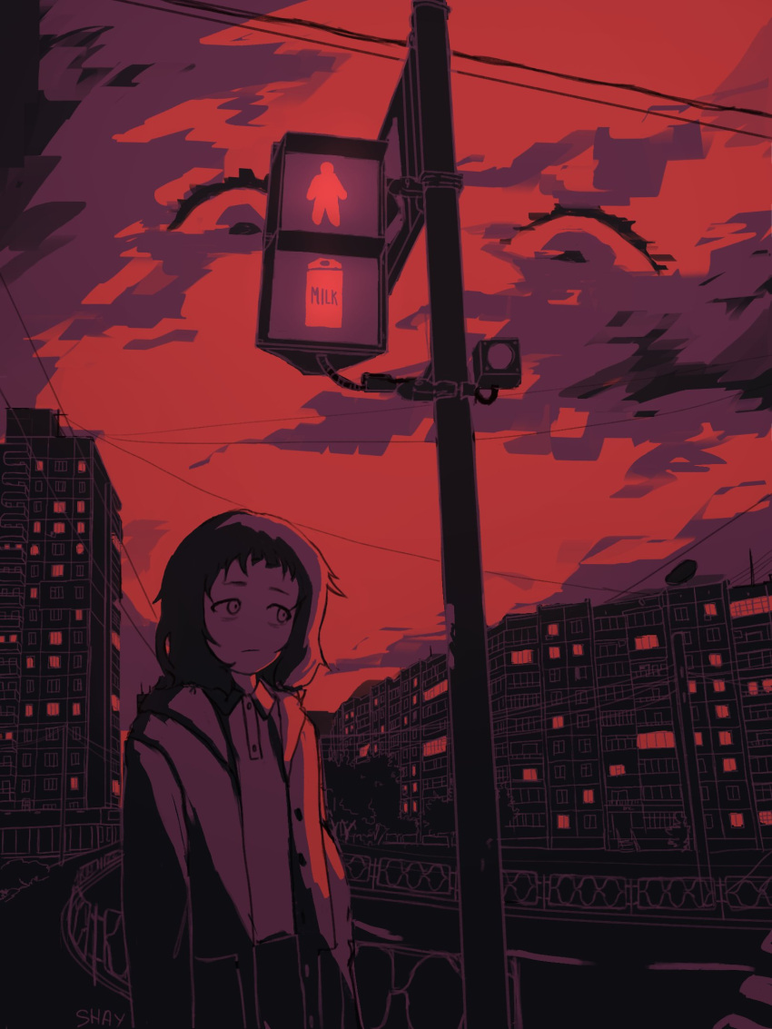 1girl building clouds cloudy_sky disembodied_eye highres li_shay looking_up medium_hair milk-chan_(milk_series) milk_inside_a_bag_of_milk_inside_a_bag_of_milk outdoors red_background red_theme short_hair sky solo traffic_light