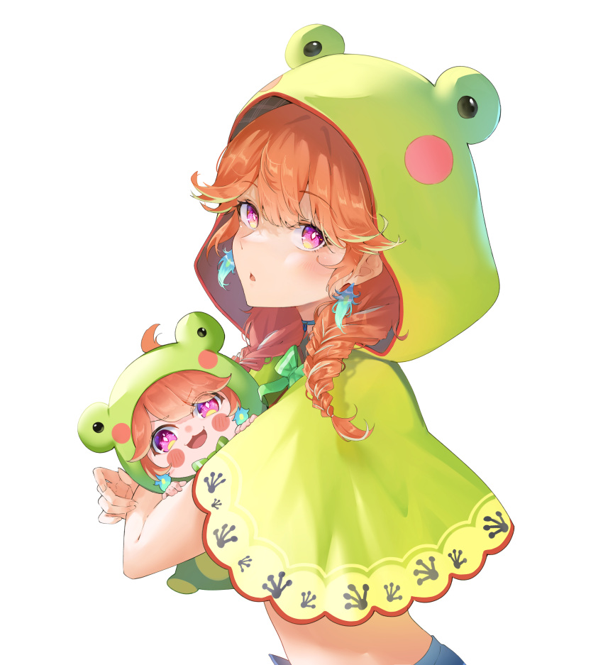 1girl absurdres animal_costume animal_hood chibi choker dual_persona earrings feather_earrings feathers frog frog_costume frog_hood frogiwawa green_choker highres holding hololive hololive_english hood jewelry looking_at_viewer lucferz official_alternate_costume onesie open_mouth orange_hair simple_background smile solo takanashi_kiara takanashi_kiara_(casual) violet_eyes virtual_youtuber white_background