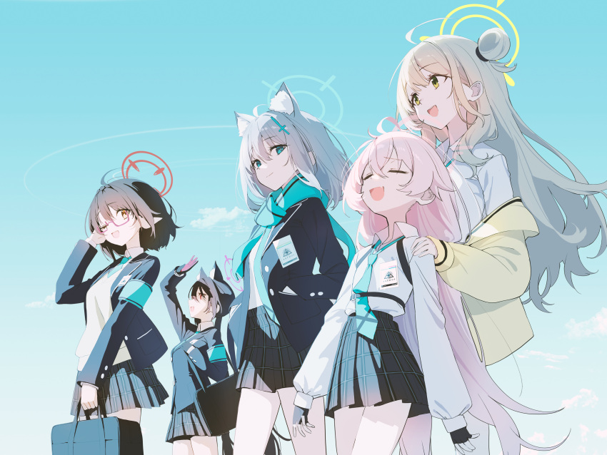 5girls absurdly_long_hair absurdres ahoge animal_ear_fluff animal_ears arm_up armband ayane_(blue_archive) bag bare_legs black_bag black_gloves black_hair black_skirt black_uniform blonde_hair blue_archive blue_armband blue_eyes blue_halo blue_necktie blue_scarf body_straps breasts cat_ears chest_harness closed_eyes closed_mouth collared_shirt cross_hair_ornament fang glasses gloves grey_hair hair_behind_ear hair_between_eyes hair_bun hair_flaps hair_ornament halo hand_in_pocket hand_on_another's_shoulder hand_on_own_head harness highres holding holding_bag hoshino_(blue_archive) jacket light_smile long_hair long_sleeves looking_ahead looking_at_another looking_down looking_up medium_breasts medium_hair multiple_girls necktie nonomi_(blue_archive) off-shoulder_jacket off_shoulder one_eye_closed open_clothes open_jacket open_mouth partially_fingerless_gloves pink_hair pink_halo pleated_skirt pointy_ears pro-p puffy_long_sleeves puffy_sleeves purple_halo red_eyes red_halo scarf serika_(blue_archive) shiroko_(blue_archive) shirt shirt_tucked_in short_hair single_side_bun skin_fang skirt sky smile split_mouth teeth twintails upper_teeth_only very_long_hair white_undershirt yellow_eyes yellow_halo yellow_jacket