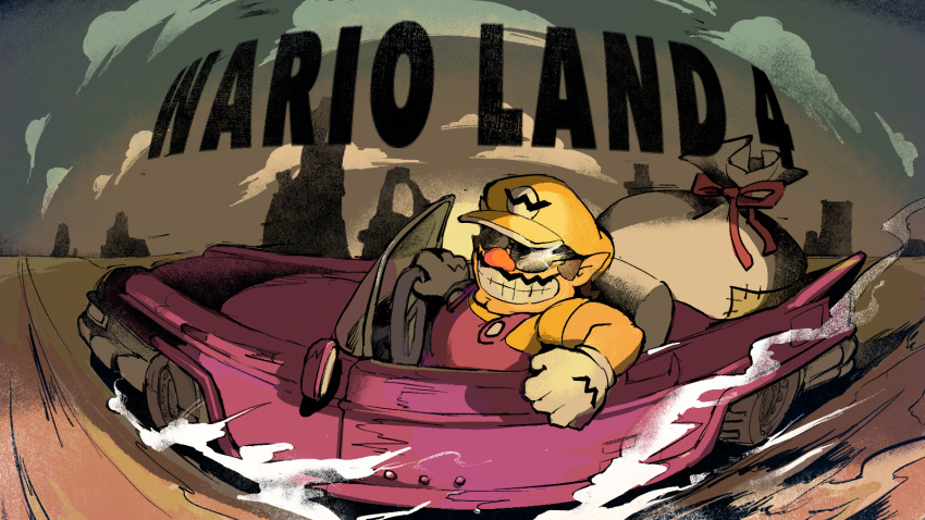 1boy bag big_nose brown_hair car cleft_chin clouds driving facial_hair gloves hat highres landscape motor_vehicle mustache overalls pointy_ears purple_overalls rinabee_(rinabele0120) shirt smirk sunglasses wario wario_land wario_land_4 white_gloves yellow_hat yellow_shirt