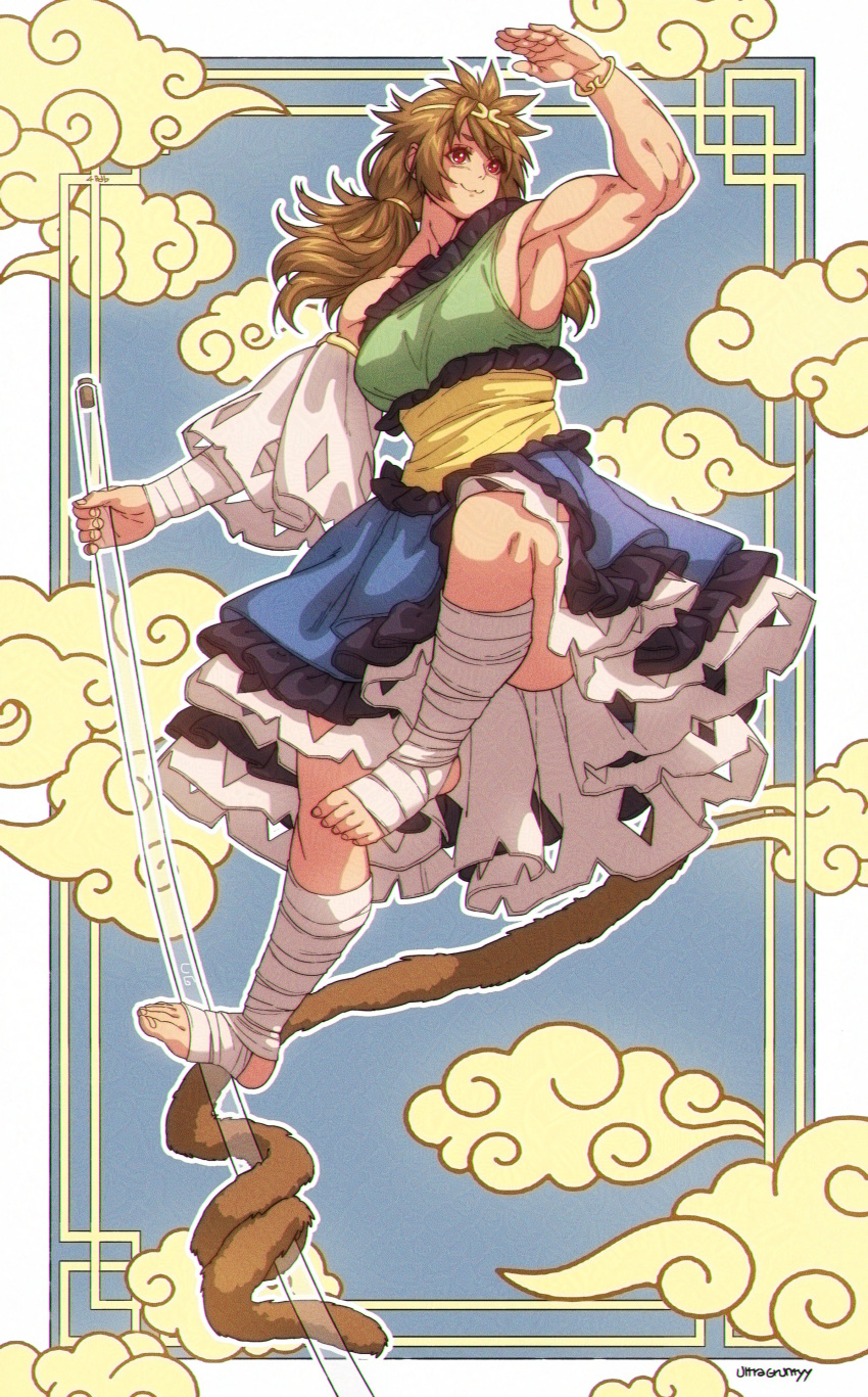 1girl absurdres bandaged_arm bandaged_leg bandages barefoot brown_hair clouds detached_sleeves dress frilled_dress frills green_dress highres holding holding_test_tube low_twintails monkey_girl monkey_tail multicolored_clothes multicolored_dress muscular muscular_female prehensile_tail red_eyes single-shoulder_dress single_detached_sleeve smile son_biten tail test_tube touhou twintails ultragruntyy white_sleeves yellow_dress