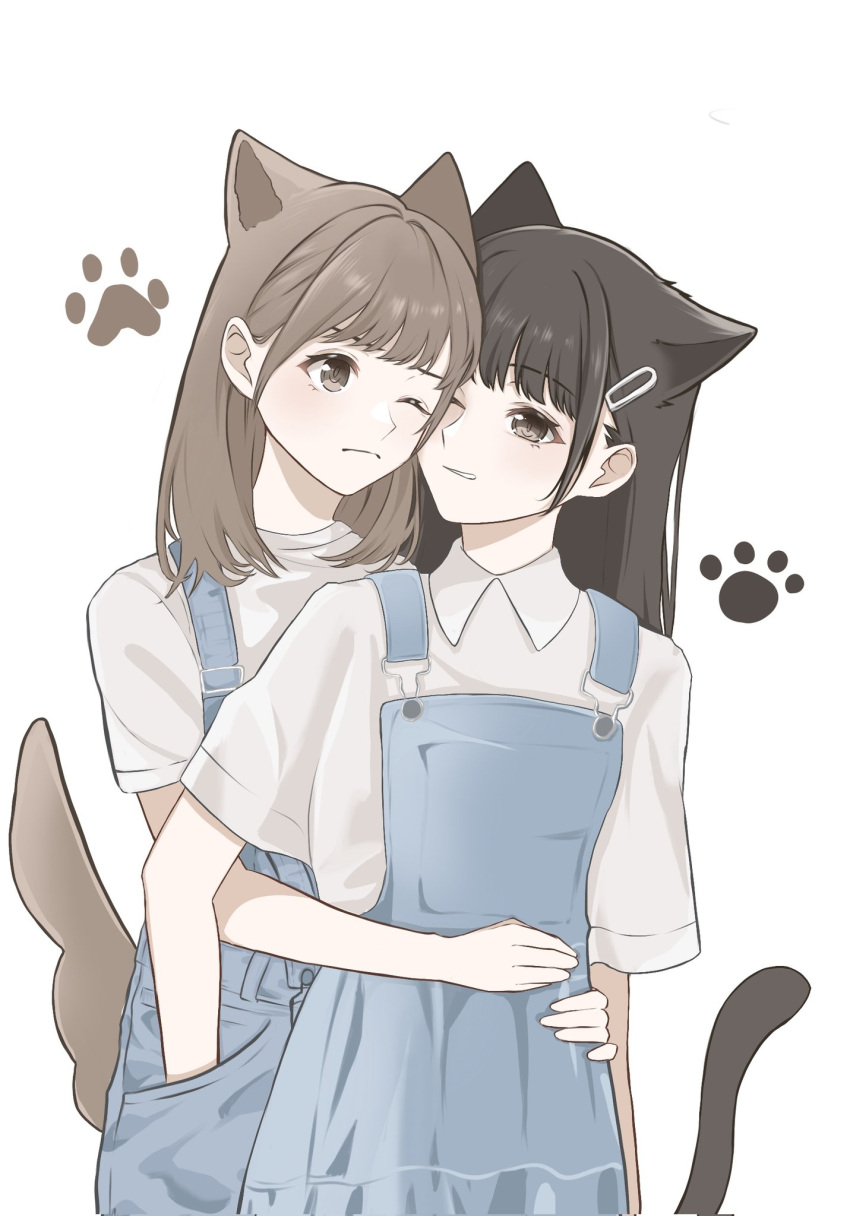 2girls animal_ears blue_overalls brown_eyes brown_hair cat_ears cat_tail closed_mouth cowboy_shot dog_ears dog_girl dog_tail extra_ears hand_in_another's_pocket highres hug hug_from_behind kemonomimi_mode liyuu looking_at_another love_live! love_live!_superstar!! multiple_girls one_eye_closed overalls payton_naomi real_life shirt short_sleeves sidelocks standing swept_bangs tail white_background white_shirt yeyep0911 yuri