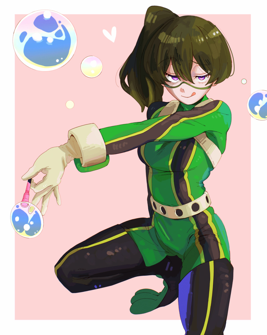 1girl :q absurdres asui_tsuyu asui_tsuyu_(cosplay) bchan1582 bodysuit boku_no_hero_academia border commentary cosplay english_commentary gloves green_bodysuit green_hair half-closed_eyes highres long_hair looking_at_viewer outstretched_arm pink_background side_ponytail smile soap_bubbles solo sousou_no_frieren squatting tongue tongue_out ubel_(sousou_no_frieren) violet_eyes white_border white_gloves
