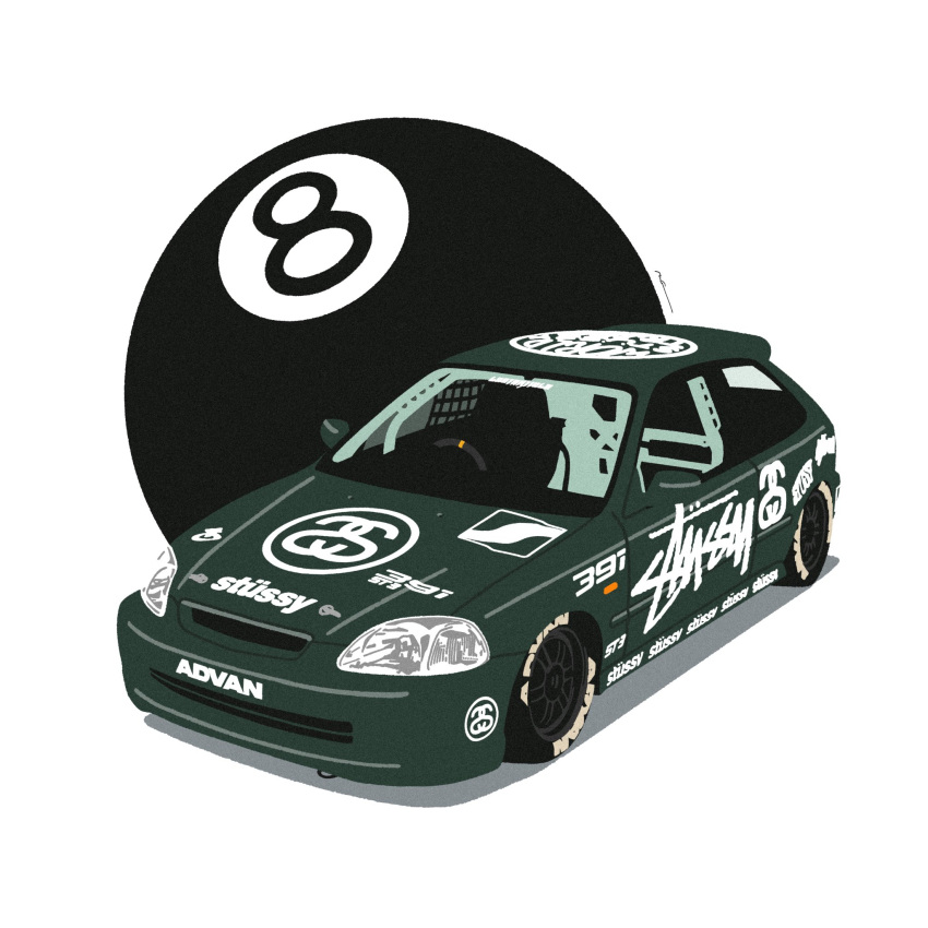 8-ball advan car commentary green_car highres honda honda_civic motor_vehicle no_humans original shadow simple_background sponsor stussy_(brand) symbol-only_commentary vehicle_focus wang-tang_(_lose_control) white_background