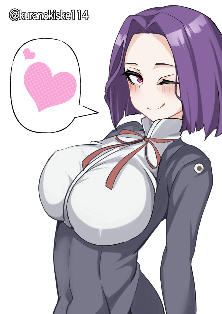 1girl black_dress breasts dress heart highres kantai_collection kurano_kisuke large_breasts neck_ribbon one-hour_drawing_challenge one_eye_closed purple_hair red_ribbon ribbon short_hair simple_background solo spoken_heart tatsuta_(kancolle) twitter_username upper_body violet_eyes white_background