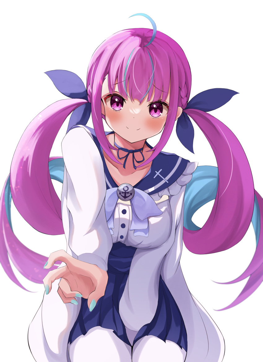 1girl absurdres blue_nails bow chino0803 choker hair_ribbon highres hololive jacket looking_at_viewer minato_aqua minato_aqua_(sailor) multicolored_hair official_alternate_costume official_alternate_hairstyle pantyhose pink_eyes ribbon sailor_collar skirt smile solo twintails two-tone_hair virtual_youtuber white_background white_jacket white_pantyhose