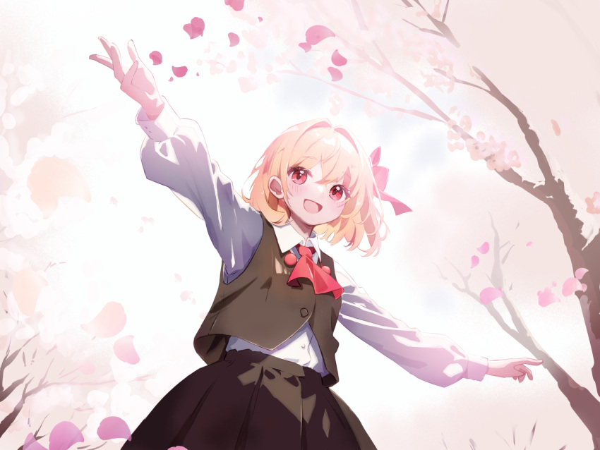 1girl :d ascot black_skirt black_vest blonde_hair cherry_blossoms chikuzen1996 collared_shirt crossed_bangs dot_nose falling_petals from_below hair_between_eyes hair_intakes hair_ribbon highres light_blush long_sleeves looking_at_viewer medium_hair open_mouth outdoors outstretched_arms petals pleated_skirt puffy_long_sleeves puffy_sleeves red_ascot red_eyes red_ribbon ribbon rumia shirt shirt_tucked_in sidelocks skirt smile spread_arms standing touhou vest white_shirt