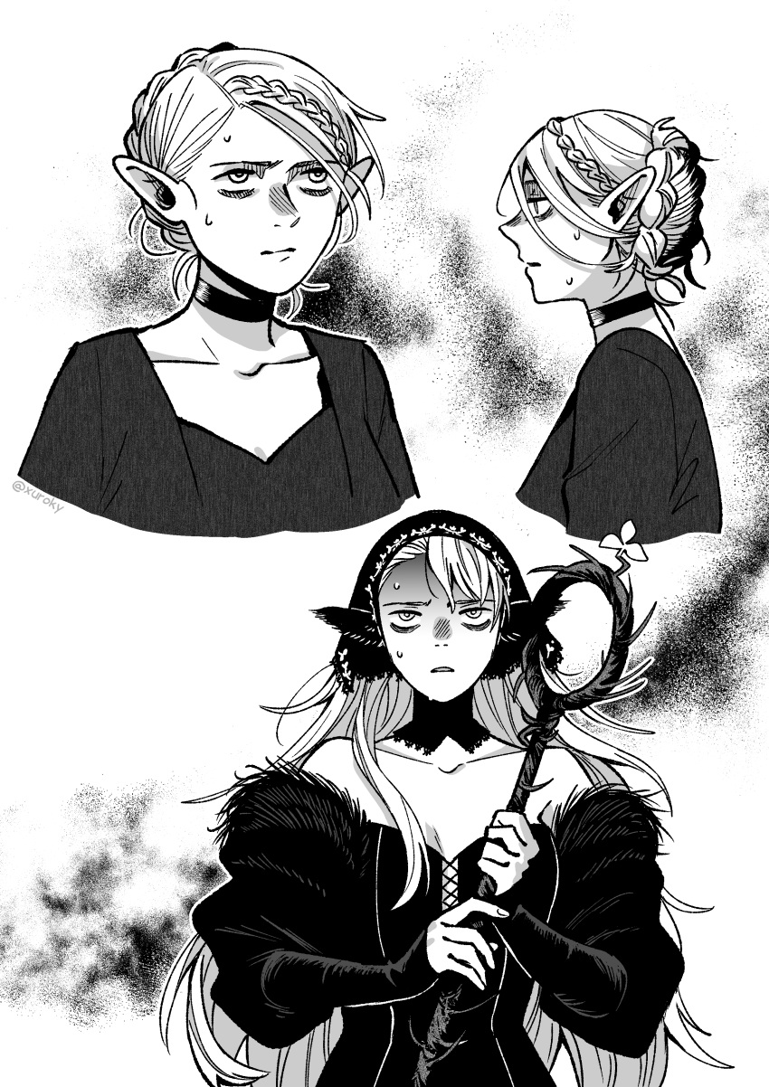 1girl absurdres ambrosia_(dungeon_meshi) artist_name bags_under_eyes braid choker collarbone commentary dress dungeon_meshi ear_covers elf english_commentary french_braid greyscale highres holding holding_staff kkxuroky marcille_donato marcille_donato_(dungeon_lord) monochrome multiple_views off-shoulder_dress off_shoulder parted_lips pointy_ears robe smoke staff sweat sweatdrop