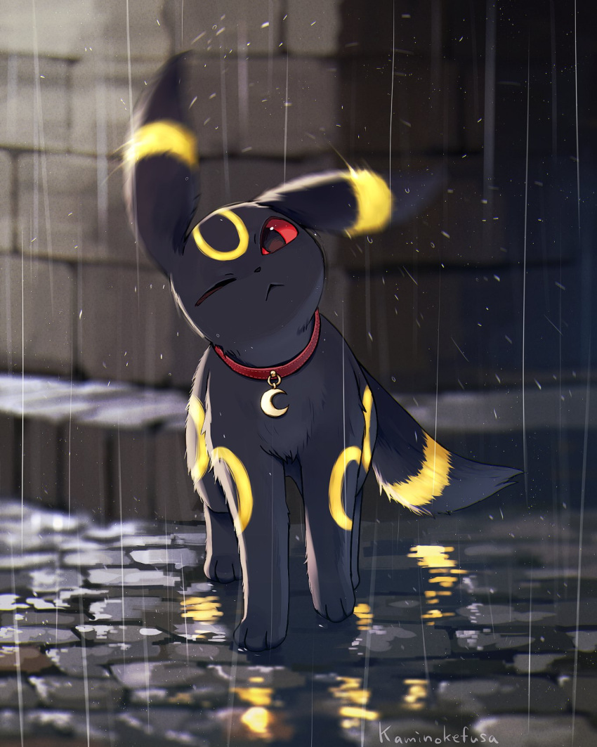 animal_collar artist_name black_fur collar commentary_request crescent facial_mark forehead_mark highres kaminokefusa motion_blur no_humans one_eye_closed outdoors pokemon pokemon_(creature) rain red_eyes tail twitter_username umbreon