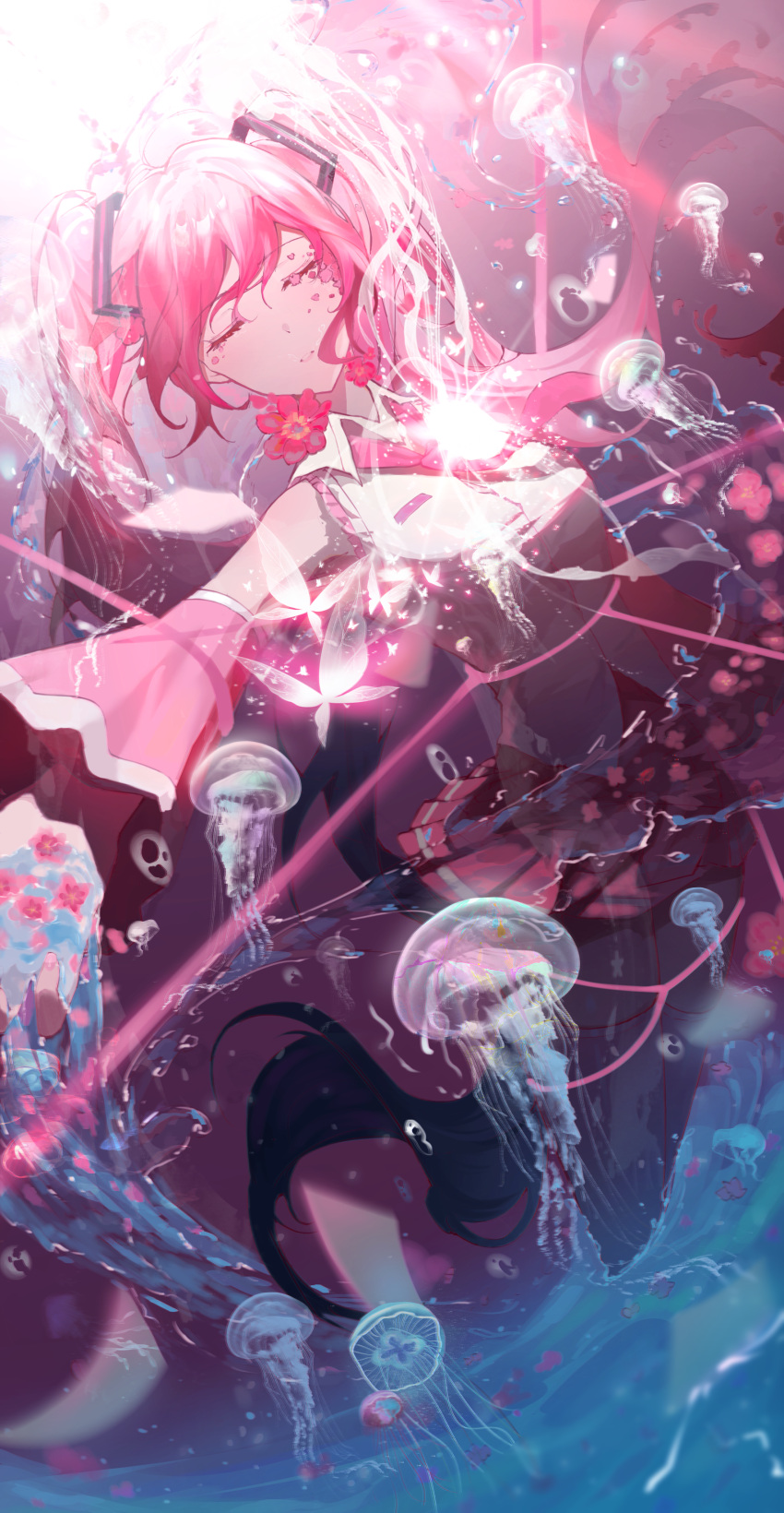 1girl absurdres chinese_commentary closed_eyes collared_shirt commentary_request detached_sleeves full_body glowing hatsune_miku highres jellyfish long_hair necktie official_alternate_color parted_lips pink_hair pink_necktie pink_skirt pink_sleeves qiuqiuku sakura_miku shirt skirt solo thigh-highs twintails underwater virtual_youtuber vocaloid white_shirt white_thighhighs