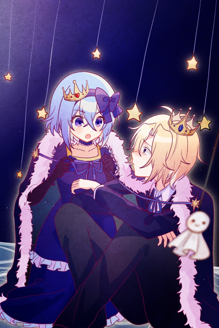 1boy 1girl :o absurdres adjusting_clothes blonde_hair blue_background blue_bow blue_cape blue_choker blue_dress blue_eyes blue_hair blue_hairband blue_jacket blue_ribbon bow cape choker claire_elford closed_mouth collarbone collared_shirt crown dress frilled_choker frills fur-trimmed_cape fur_trim grey_pants hair_between_eyes hair_intakes hairband hetero highres holding holding_ribbon jacket long_dress looking_at_another noel_levine open_mouth pants ribbon shirt short_hair sitting star_(symbol) star_handsanit white_shirt witch's_heart
