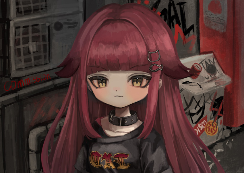 1girl :3 animal_collar black_shirt blunt_bangs cat_hair_ornament closed_mouth clothes_writing collar commission condenser_unit fish_hair_ornament graffiti hair_ornament highres long_hair looking_at_viewer original outdoors redhead shiona_(siona0625) shirt slit_pupils solo straight_hair upper_body yellow_eyes