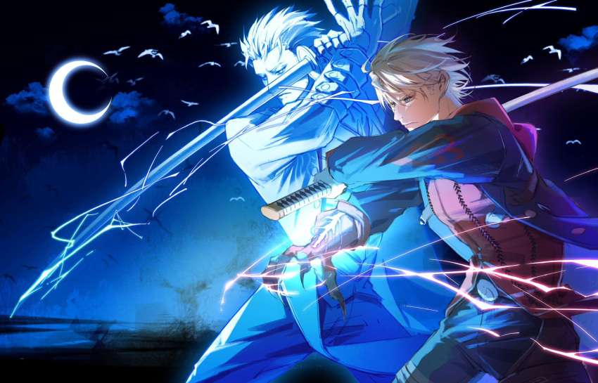 2boys blue_coat blue_eyes closed_mouth coat crescent_moon devil_bringer devil_may_cry_(series) devil_may_cry_4 father_and_son gloves glowing glowing_arm hair_slicked_back highres holding holding_sword holding_weapon hood katana male_focus mechanical_arms moon moonlight multiple_boys nero_(devil_may_cry) night night_sky shining single_mechanical_arm sky solo sword tanukiono vergil_(devil_may_cry) weapon white_hair yamato_(sword)