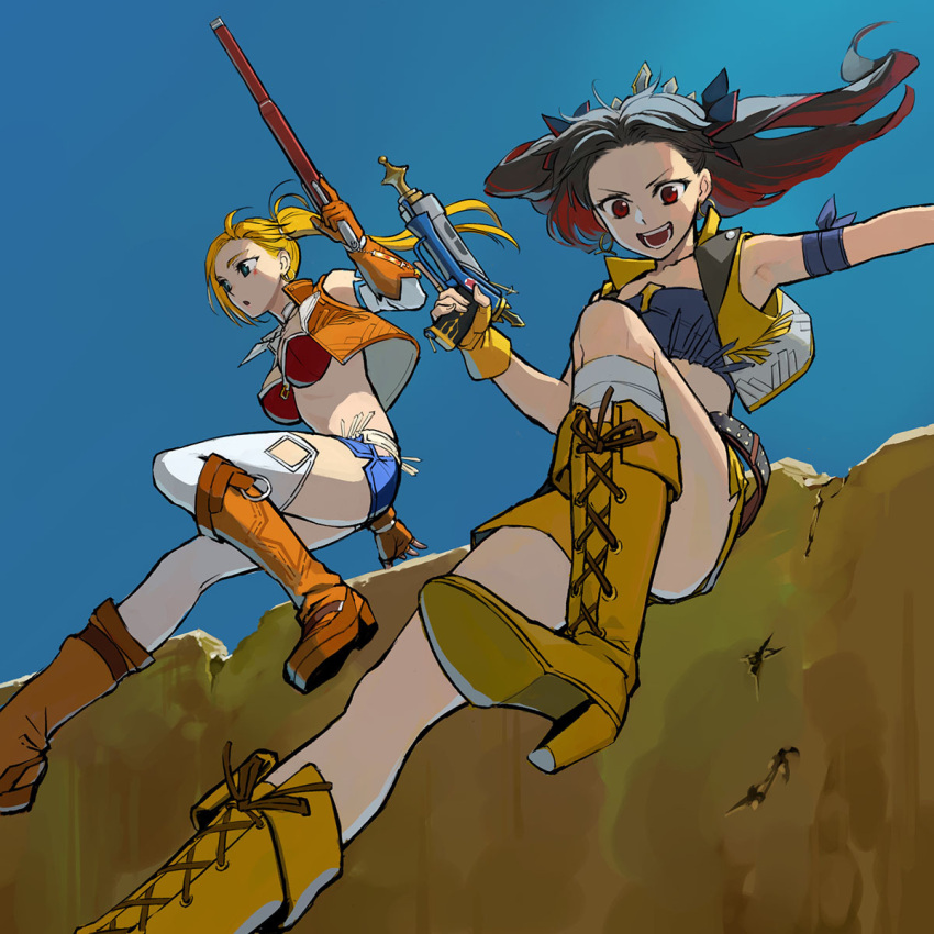2girls aqua_eyes b_suke bandeau bikini black_hair blonde_hair blue_shorts boots brown_footwear brown_gloves brown_vest bullet_hole calamity_jane_(fate) cross-laced_footwear falling fate/grand_order fate_(series) gloves gun high_heel_boots high_heels highres holding holding_gun holding_weapon ishtar_(fate) multicolored_hair multiple_girls one_side_up open_clothes open_mouth open_vest red_bikini red_eyes redhead shorts space_ishtar_(fate) space_ishtar_(second_ascension)_(fate) swimsuit thigh-highs two-tone_hair vest weapon white_thighhighs yellow_footwear yellow_gloves yellow_vest