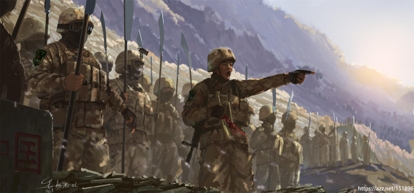 6+boys baklava bugle camouflage digital_camouflage goggles guan_dao helmet highres holding holding_instrument holding_polearm holding_weapon instrument load_bearing_vest mountain multiple_boys original patch people's_liberation_army pointing polearm shouhui_lang_qun shoulder_patch signature standing weapon