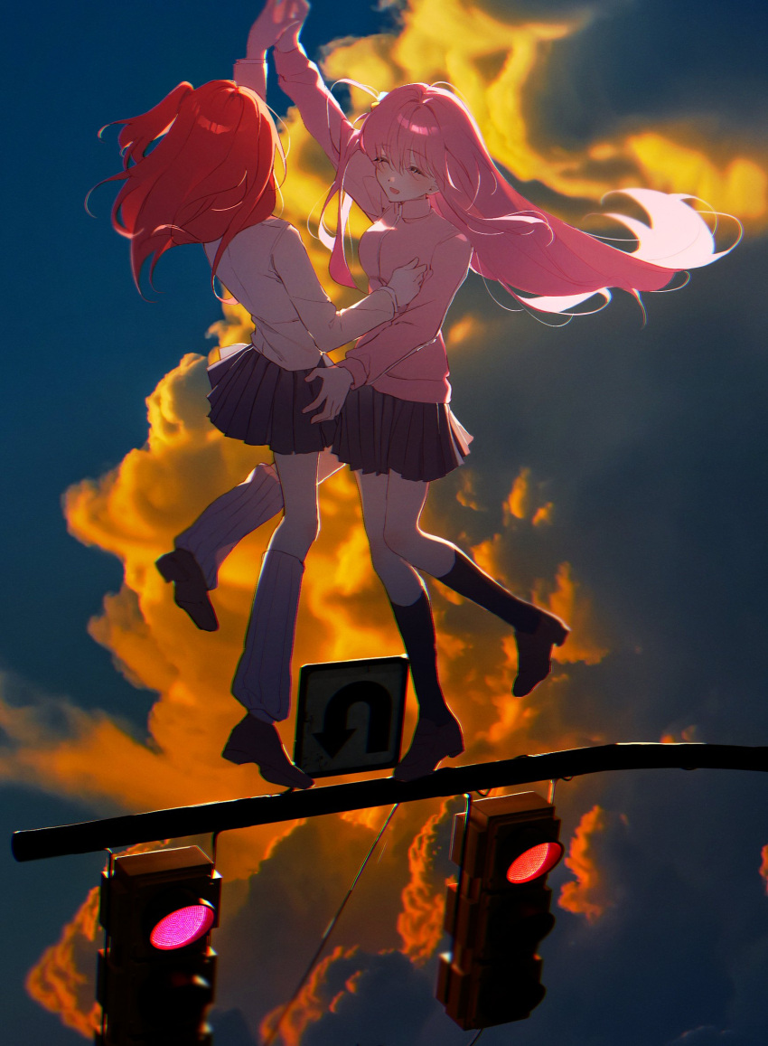2girls :d backlighting black_socks bocchi_the_rock! commentary_request dancing from_side full_body gotoh_hitori highres holding_hands jacket kita_ikuyo long_hair long_sleeves multiple_girls pink_hair pink_jacket pong_(pong_o0) redhead road_sign sign smile socks standing standing_on_one_leg track_jacket traffic_light