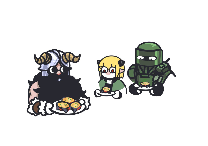 1boy 1girl arknights beard character_request cropped_torso crossover deformed dungeon_meshi dwarf facial_hair fake_horns helmet holding holding_plate horned_helmet horns kotcate long_beard looking_at_another mustache plate senshi_(dungeon_meshi) solid_circle_eyes surprised thick_mustache very_long_beard white_background wide-eyed
