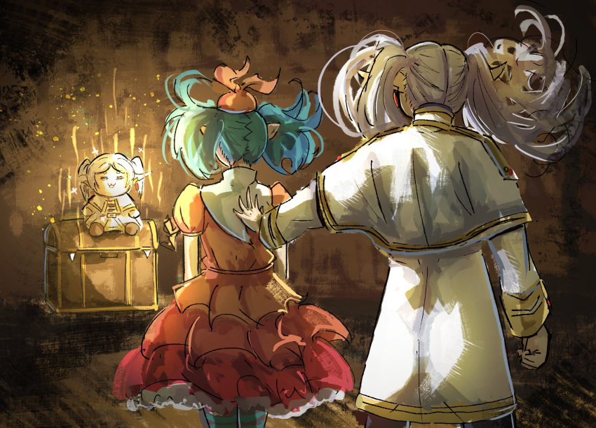 aqua_hair capelet character_doll commentary cowboy_shot crossover dress english_commentary frieren from_behind gold_trim hand_on_another's_back highres indoors long_hair long_sleeves monogatari_(series) ononoki_yotsugi ononotsu orange_dress orange_hat pantyhose skirt sousou_no_frieren striped_clothes striped_pantyhose stuffed_toy treasure_chest twintails white_capelet white_skirt