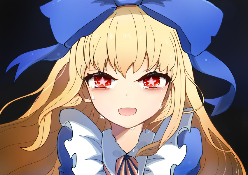 1girl absurdres alice_(black_souls) black_souls blonde_hair blue_bow blue_dress blue_ribbon blush bow collared_dress crying dress hair_bow highres long_hair looking_at_viewer neck_ribbon open_mouth portrait prickett_(black_souls) puffy_short_sleeves puffy_sleeves red_eyes ribbon short_sleeves sidelocks smile solo spoilers star-shaped_pupils star_(symbol) symbol-shaped_pupils very_long_hair zi_cha_mo_xue