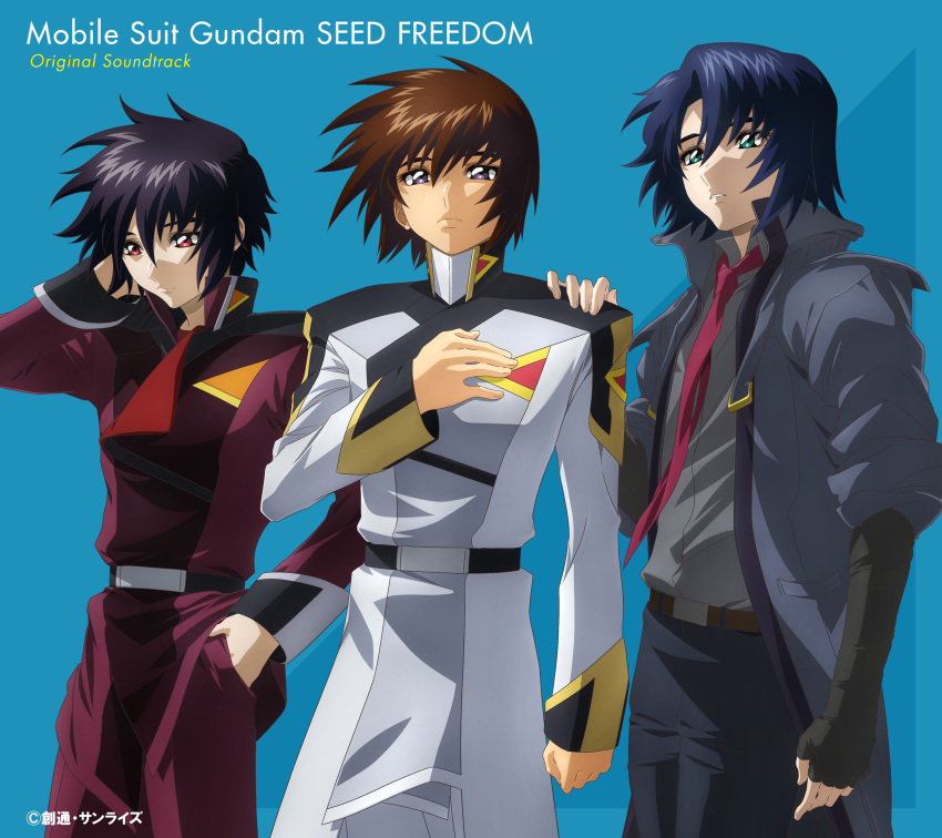 3boys absurdres athrun_zala black_hair blue_hair brown_hair green_eyes gundam gundam_seed gundam_seed_destiny gundam_seed_freedom hand_on_another's_shoulder hand_on_own_chest highres kira_yamato male_focus military military_uniform multiple_boys official_art pants red_eyes shinn_asuka short_hair uniform violet_eyes