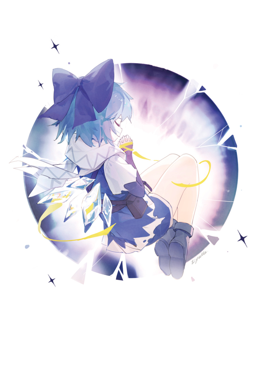 1girl alternate_costume artist_name blue_bow blue_hair bow breaking cirno closed_eyes commentary detached_wings hair_bow highres ice ice_wings interlocked_fingers own_hands_together scarf shoes short_hair siyumu solo sparkle touhou touhou_hero_of_ice_fairy white_scarf wings