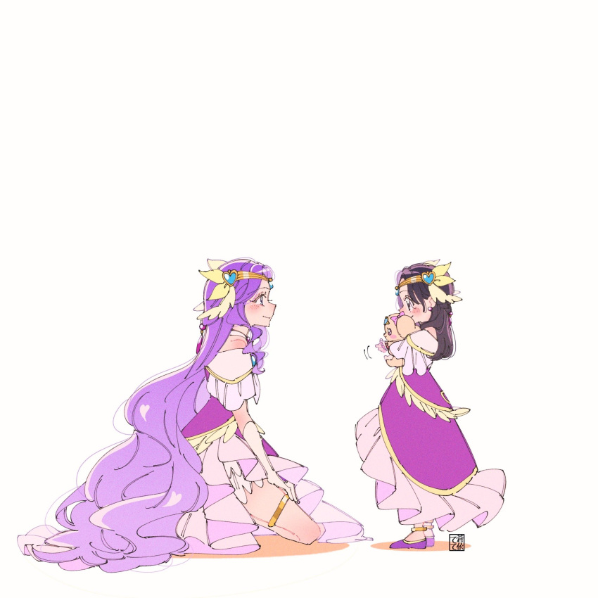 2girls aoi_tete artist_logo black_eyes black_hair braid closed_mouth commentary cosplay cure_earth cure_earth_(cosplay) dog dress flats fuurin_asumi gloves hair_ornament hand_on_own_thigh healin'_good_precure heart heart_hair_ornament highres kneeling latte_(precure) long_dress long_hair looking_at_another magical_girl motion_lines multiple_girls off-shoulder_dress off_shoulder precure purple_dress purple_footwear purple_hair simple_background smile standing thighlet tiara very_long_hair violet_eyes white_background white_gloves