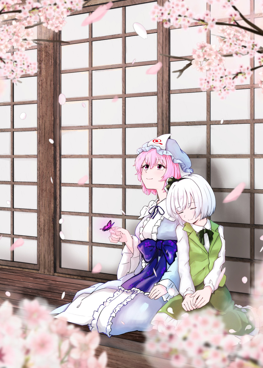 2girls absurdres black_hairband blue_kimono bow bowtie bug butterfly butterfly_on_hand cherry_blossoms closed_eyes closed_mouth commentary_request falling_petals frilled_kimono frills green_bow green_bowtie green_skirt green_vest hairband hat highres japanese_clothes kimono konpaku_youmu leaning_on_person long_sleeves looking_up mob_cap multiple_girls naga38 neck_ribbon own_hands_together petals pink_eyes pink_hair pink_petals purple_butterfly ribbon saigyouji_yuyuko shirt short_hair shouji sitting skirt sleeping sliding_doors smile touhou triangular_headpiece vest white_hair white_shirt wide_sleeves