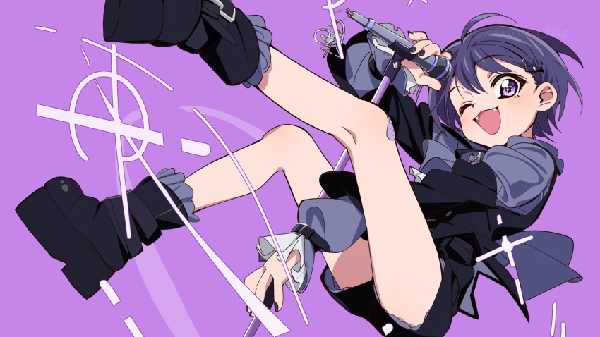 1girl ;3 arm_between_legs arm_up bandaid bandaid_on_knee bandaid_on_leg black_footwear black_nails black_shorts boots dynamic_pose fangs floating from_below full_body hair_ornament highres holding holding_microphone knee_up leg_up long_sleeves looking_at_viewer mew_garcia microphone nail_polish one_eye_closed open_mouth platform_boots platform_footwear puffy_long_sleeves puffy_sleeves purple_background purple_hair satou_asuka short_hair shorts solo three_quarter_view vee_(vtuber) violet_eyes