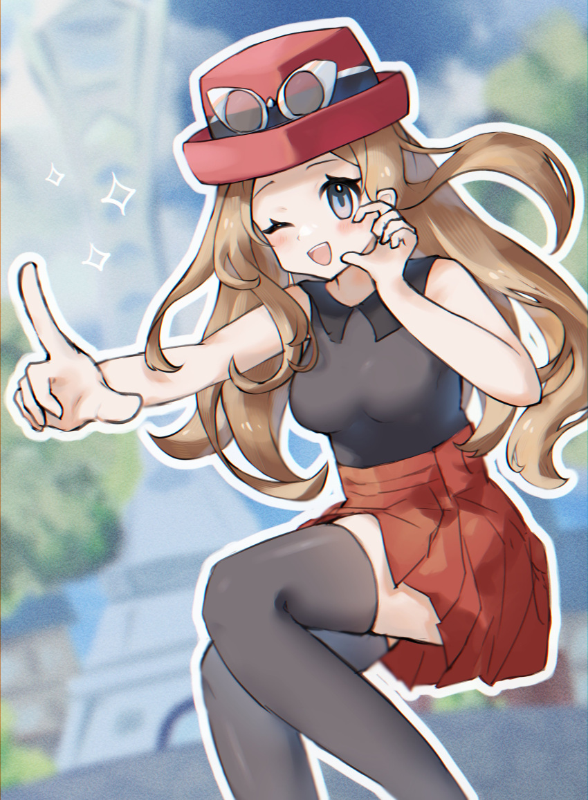 1girl ;d absurdres asatte_3z blue_eyes blurry blush breasts collared_shirt eyewear_on_headwear grey_shirt grey_thighhighs hand_up hat high-waist_skirt highres in-universe_location light_brown_hair long_hair lumiose_city medium_breasts miniskirt one_eye_closed open_mouth outdoors outline outstretched_arm pleated_skirt pokemon pokemon_xy red_hat red_skirt serena_(pokemon) shirt skirt sleeveless sleeveless_shirt smile solo teeth thigh-highs upper_teeth_only white_outline zettai_ryouiki