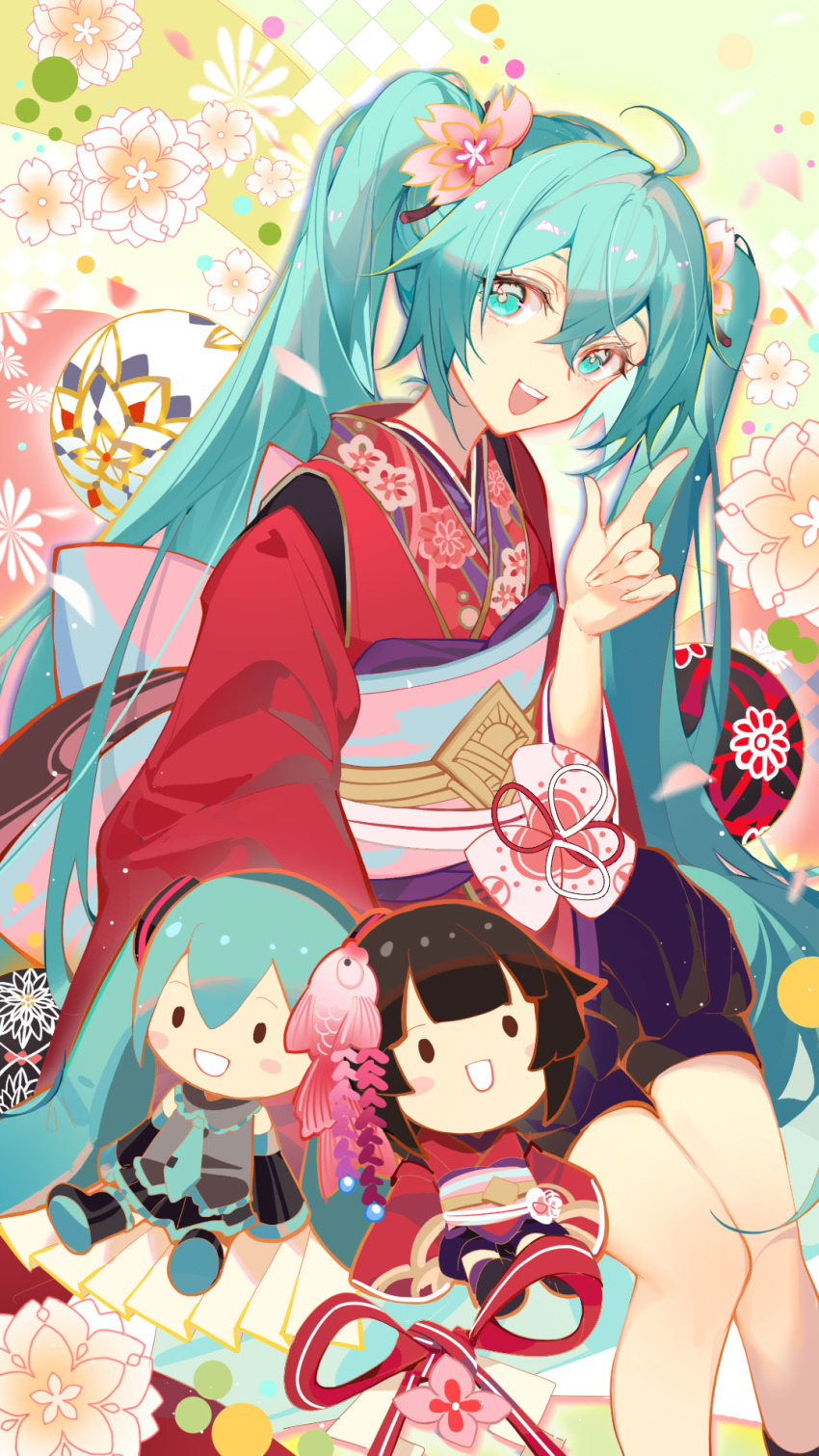 1girl :d black_shorts blue_eyes blue_hair character_doll flower hair_between_eyes hair_flower hair_ornament hatsune_miku highres indai_(3330425) index_finger_raised japanese_clothes kimono long_hair long_sleeves looking_at_viewer obi pink_flower red_kimono sash shorts smile solo twintails very_long_hair vocaloid