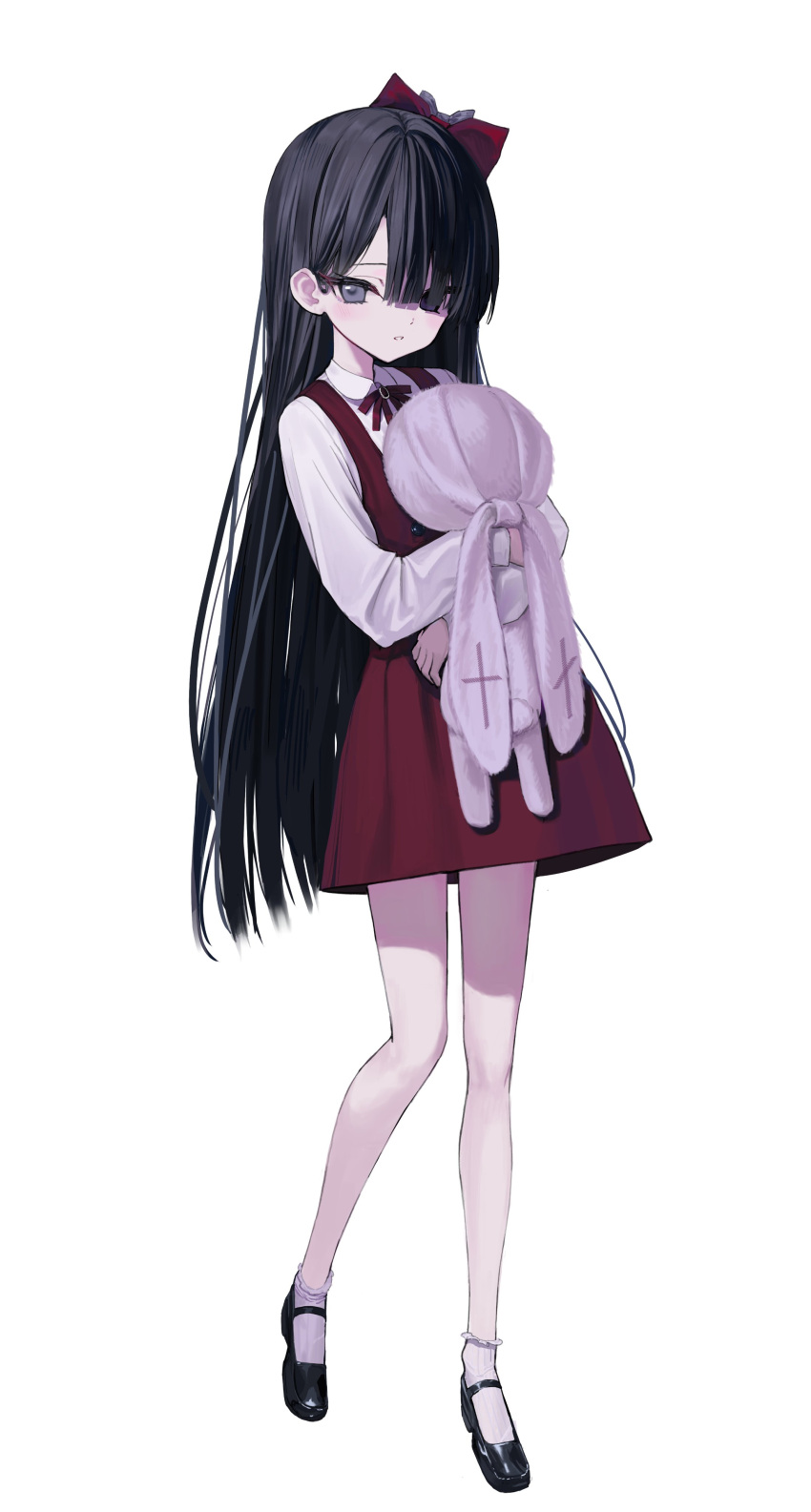 1girl absurdres black_eyes black_hair blush bobby_socks bow dress expressionless full_body hair_bow hair_over_one_eye highres holding holding_stuffed_toy long_hair looking_at_viewer mary_janes neck_ribbon nitrio original parted_lips pinafore_dress red_bow red_dress red_ribbon ribbon shirt shoes simple_background sleeveless sleeveless_dress socks solo stuffed_animal stuffed_rabbit stuffed_toy very_long_hair white_background white_shirt white_socks