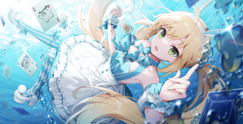 artoria_caster_(fate) artoria_caster_(swimsuit)_(fate) artoria_caster_(swimsuit)_(second_ascension)_(fate) artoria_pendragon_(fate) blonde_hair bubble card cernunnos_(fate) fate/grand_order fate_(series) floating frills green_eyes headdress highres ribbon smile thigh-highs underwater water yuui1994