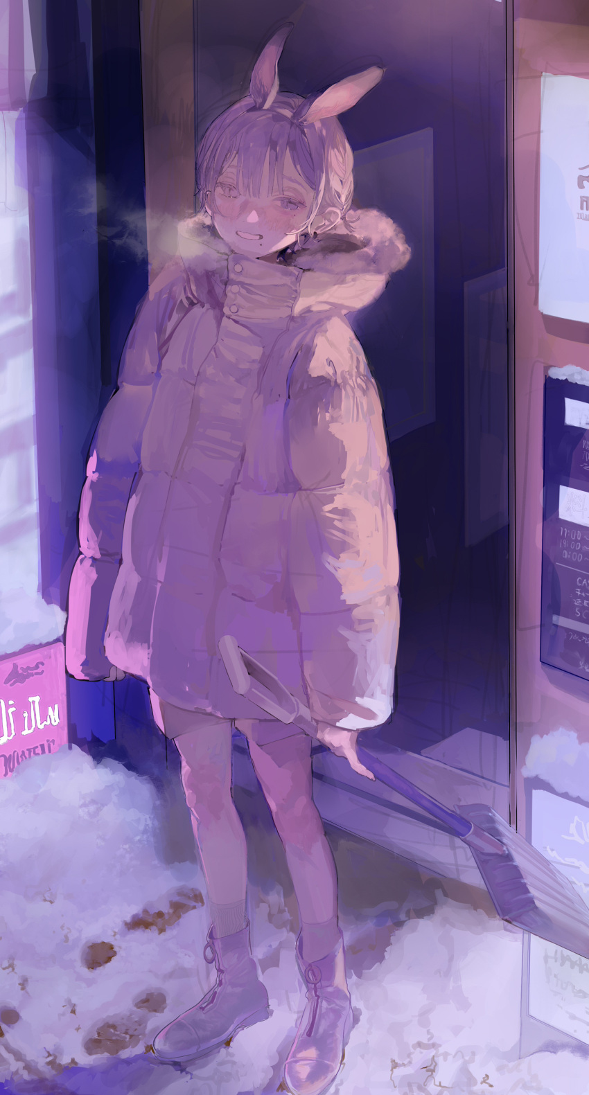 1girl absurdres animal_ears blush boots breath coat full_body grin highres holding holding_shovel long_sleeves looking_at_viewer mole mole_under_eye mole_under_mouth original osiri60812441 outdoors purple_theme rabbit_ears shovel smile snow solo standing winter_clothes winter_coat