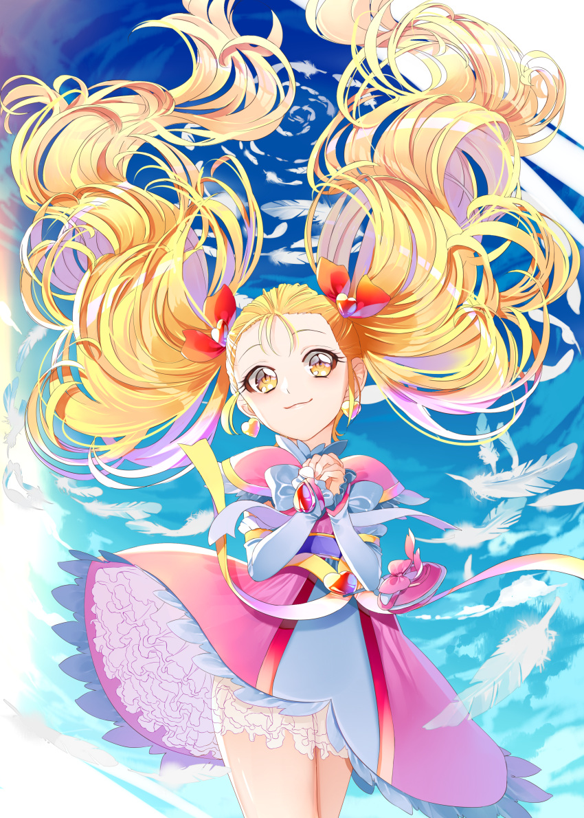 1girl absurdres blonde_hair blue_sky closed_mouth clouds cloudy_sky commentary cowboy_shot day dress earrings elbow_gloves futari_wa_precure futari_wa_precure_max_heart gloves hair_lift hair_pulled_back hair_ribbon half_gloves heart heart_earrings highres jewelry kujou_hikari long_hair looking_at_viewer magical_girl outdoors own_hands_together petticoat pink_dress precure red_ribbon ribbon sash shiny_luminous short_dress sky smile solo standing twintails white_gloves wind wind_lift yellow_eyes yuutarou_(fukiiincho)