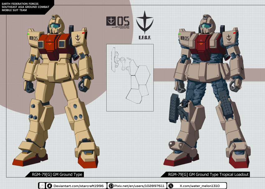absurdres arms_at_sides assault_visor character_name commentary deviantart_logo deviantart_username earth_federation english_commentary ground_gm gundam gundam_08th_ms_team highres insignia mecha mecha_focus mobile_suit multiple_views no_humans pixiv_id redesign reference_sheet robot science_fiction twitter_username twitter_x_logo watermelonsfw web_address